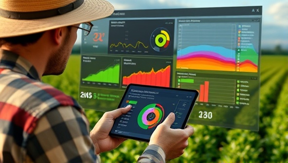 An AI interface displaying colorful soil analysis charts and graphs, with a farmer using a tablet to access detailed soil health information, highlighting the advanced technology and data-driven insights provided by the platform.