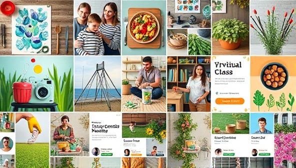 An artistic collage of different hobby activities like painting, photography, cooking, gardening, and crafting, with virtual class banners and instructor profiles displayed in a vibrant and creative layout, reflecting the diverse and engaging hobby learning opportunities offered by the platform.