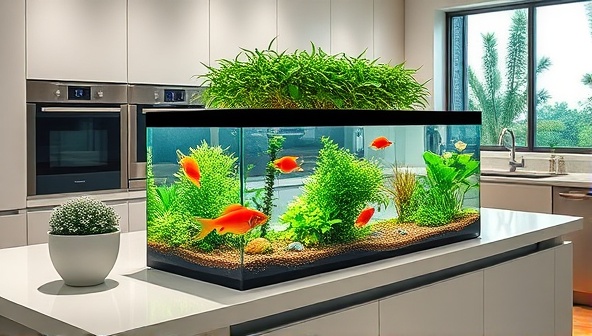 An elegant kitchen setup featuring a stylish aquaponics home farming kit integrated into the countertop, showcasing lush greenery and colorful fish swimming in a beautifully balanced ecosystem, illustrating the harmony of aquaponic farming.