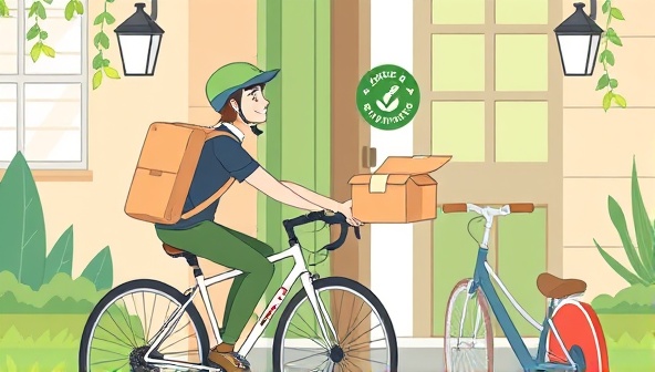 An imaginative illustration of a delivery cyclist handing over a zero-waste meal package to a smiling customer at their doorstep, showcasing eco-friendly packaging materials and a green delivery concept, promoting sustainability and convenience.