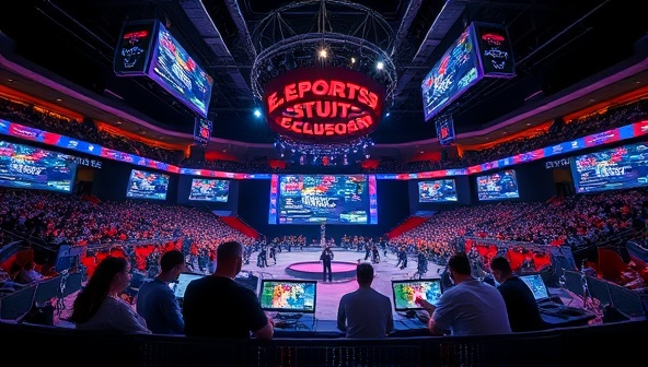 An eSports arena filled with gamers competing in a high-stakes tournament, with digital screens displaying live match statistics and betting odds, showcasing the excitement and competitiveness of eSports betting.