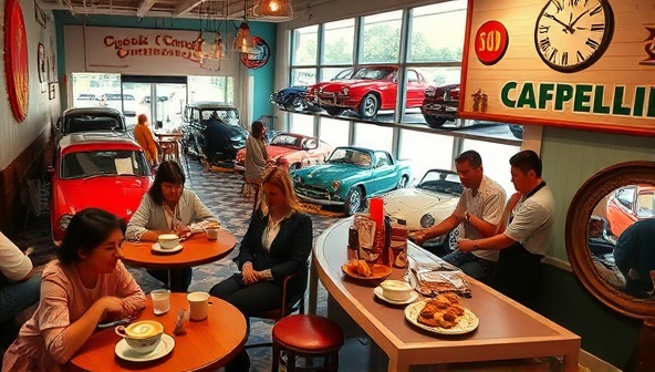 An inviting café setting with vintage car displays, retro décor accents, customers enjoying coffee and pastries, a barista crafting latte art, the ambiance exuding a cozy and nostalgic charm, inviting visitors to relax and indulge in a retro culinary experience.