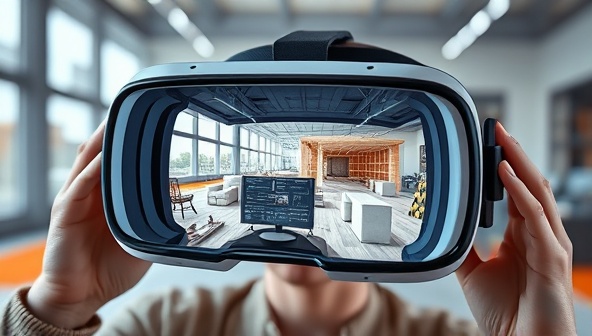 A VR headset displaying an immersive architectural design visualization experience, with a user exploring a virtual construction site, interacting with 3D models and design elements, showcasing the creative and interactive capabilities of DesignVirtuoso VR's subscription service.