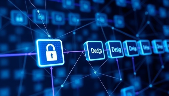 A blockchain network visualization with interconnected blocks securing design ownership information, symbolizing the tamper-proof and transparent nature of blockchain verification for web design ownership, highlighting the platform's security features.