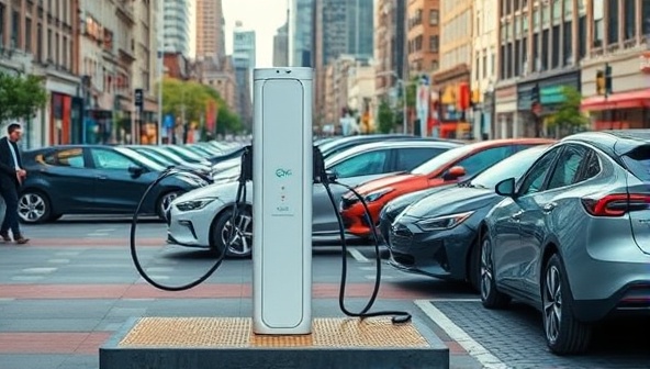 An urban setting with a sleek and modern EV charging station in the foreground, surrounded by vibrant city life and a diverse range of EV models waiting to charge, symbolizing convenience and sustainability.