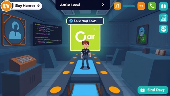 A visually appealing game interface displaying a character avatar navigating a web design challenge level, surrounded by design tools, coding snippets, and interactive elements, illustrating the immersive and gamified learning experience at WebDev Quest.