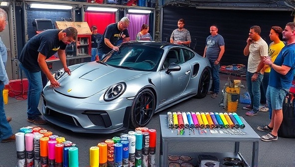A vibrant mobile car studio setup with a sleek car being customized by artists, colorful paint cans and design tools neatly arranged, and a crowd of onlookers admiring the creative process, capturing the essence of artistic car transformation.
