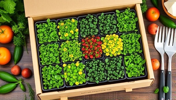 A colorful array of microgreen trays arranged in a stylish subscription box, surrounded by fresh herbs, fruits, and cooking utensils, evoking a sense of culinary excitement and healthy eating habits for customers.