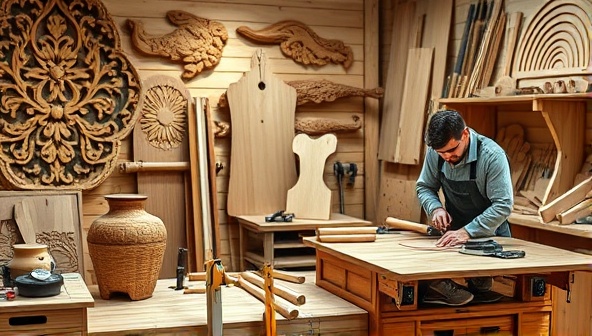 An aesthetic photo of a woodworking studio with intricate woodcarvings, tools neatly displayed on a workbench, and a craftsman working on a custom wood piece, exuding craftsmanship and creativity.