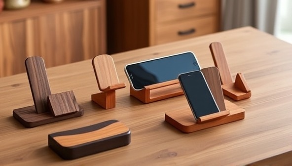 An array of sleek and polished wooden smartphone stands in various designs and finishes, neatly arranged on a wooden desk with a smartphone elegantly displayed on one stand, illustrating the marriage of technology and craftsmanship in a modern setting.