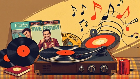 A retro-inspired digital illustration featuring a collection of vintage vinyl records, a classic turntable, colorful album artwork, and musical notes swirling around, capturing the nostalgia and allure of vinyl culture and music appreciation.
