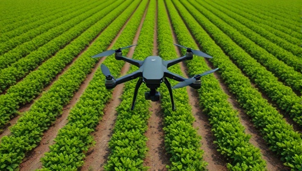 An aerial view captured by a drone showing lush green farmland with precision crop rows, highlighting the drone's capability in providing detailed crop monitoring data and insights for farmers.