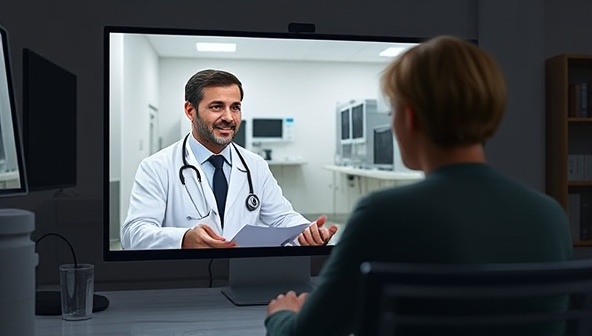 An online doctor-patient consultation scene showing a doctor discussing medical advice with a patient via video call, with medical equipment and digital health records in the background, illustrating modern healthcare delivery.