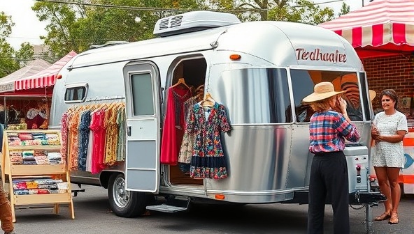 A vibrant and retro airstream trailer converted into a mobile boutique, parked at a bustling street market with colorful vintage dresses hanging outside, inviting customers to step inside and explore a world of timeless fashion treasures.