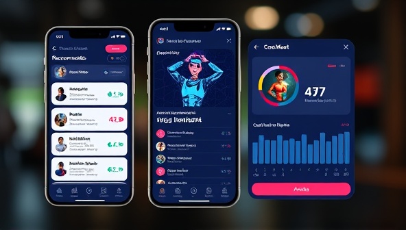 An engaging app interface showcasing personalized workout recommendations, nutritional tips, and AI-generated progress reports, with a virtual AI coach avatar providing guidance and encouragement, highlighting the futuristic and interactive nature of the app.