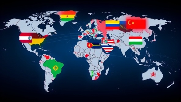 A digital global map highlighting various flags representing different languages and cultures, interconnected by virtual communication lines symbolizing the multilingual and cross-cultural exchange facilitated by LingoLink Exchange, inviting users to embark on a journey of language learning and cultural discovery.
