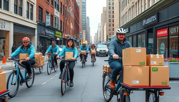 An urban scene showcasing a fleet of cargo bikes loaded with packages navigating through a bustling city street, with friendly and efficient riders making deliveries to various businesses and residences, highlighting the eco-friendly and practical nature of PedalPost Logistics' urban freight bike service.