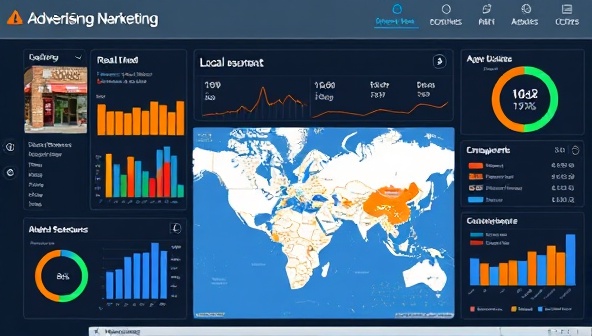 A digital advertising network dashboard displaying real-time ad performance data for a local business, with interactive map features, audience demographics, and engagement metrics, illustrating the precision and impact of hyperlocal marketing strategies.