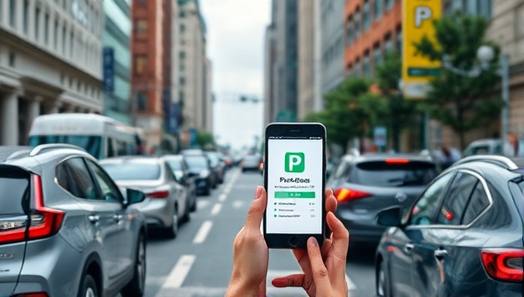 A bustling city street with drivers easily finding parking spots using the ParkEase smart parking app, showcasing the convenience and efficiency of the IoT-based parking solution in a busy urban environment.