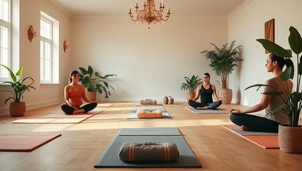 An image of a serene meditation studio with soft lighting, floor cushions, and greenery, accompanied by individuals practicing meditation and yoga poses, evoking a sense of tranquility and mindfulness at MindfulFit Haven.