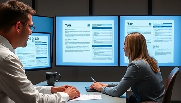 A compelling visual of a tax professional guiding a client through a virtual tax audit session, with digital tax forms and audit documents displayed on screens, representing the expertise and support offered by AuditGuardian's remote tax audit assistance service in a professional and secure setting.