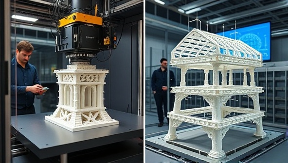 An industrial 3D printer in action creating a large-scale construction component layer by layer, with engineers monitoring the process, a digital model of the printed component displayed on a screen, and a finished 3D printed structure showcasing the potential of additive manufacturing in construction.
