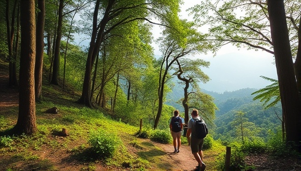 A serene landscape image of a lush forest with a small group of travelers engaged in a nature hike, emphasizing the connection with nature and sustainable tourism.