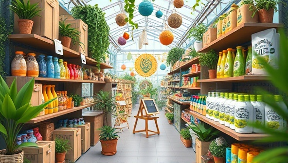 An artistic representation of a digital marketplace filled with vibrant and eco-friendly products, including reusable items, biodegradable packaging, and solar-powered gadgets, surrounded by lush greenery and nature motifs, capturing the essence of EcoHarbor Hub's online sustainable living marketplace.