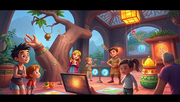 An artistic representation of a digital storytelling world with diverse characters, vibrant settings, and interactive elements, showcasing the creativity and possibilities of the platform.