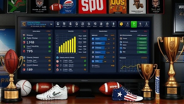 A fantasy sports dashboard displaying real-time player statistics, projections, and team lineup suggestions, surrounded by sports memorabilia and trophies, conveying the competitive and strategic nature of fantasy sports analytics.