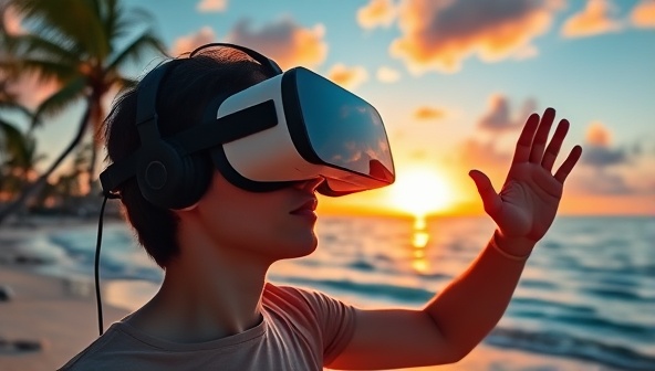 An immersive image of a person wearing a VR headset, exploring a stunning virtual landscape of a tropical beach at sunset, with palm trees swaying in the breeze and crystal-clear waters lapping at the shore, conveying the magic of virtual travel.