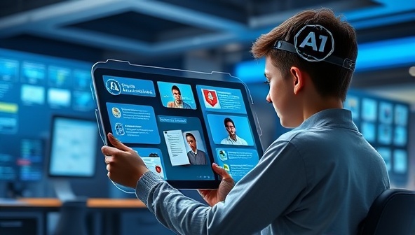A futuristic depiction of a student interacting with the EduAI Mentor platform on a tablet, showing a personalized study plan, interactive lessons, and virtual tutors providing assistance, creating a dynamic and engaging learning environment.