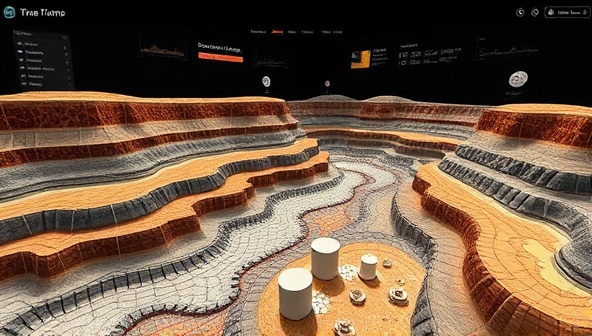 An immersive digital landscape showcasing a virtual mining site with detailed geological layers, exploration tools, and data visualizations, highlighting the platform's advanced technology and user-friendly interface.