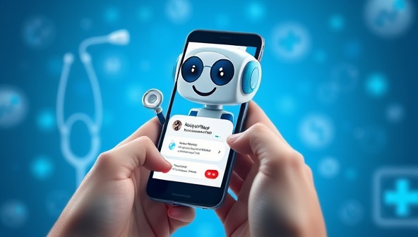 An imaginative illustration of a friendly AI health chatbot on a smartphone screen interacting with a user, displaying medical information and symptom analysis, with a virtual stethoscope and medical icons in the background, symbolizing AI healthcare assistance and guidance.