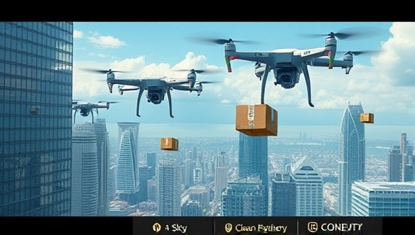 A futuristic cityscape with drones buzzing overhead, carrying packages through the sky powered by clean hydrogen energy, showcasing a seamless and sustainable delivery service in action amid urban landscapes.