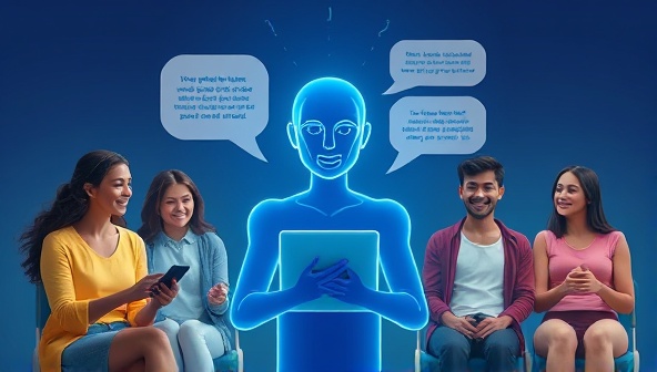 An artistic representation of a digital wellness assistant avatar providing tailored advice to a diverse group of users engaged in various wellness activities, illustrating the personalized and supportive nature of the WellnessWise AI platform.