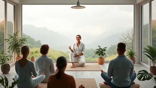 A tranquil virtual workshop setting with a therapist leading a mindfulness session, surrounded by calming nature visuals, soothing music, and participants engaging in relaxation exercises, creating a serene and supportive mental wellness environment for workshops.