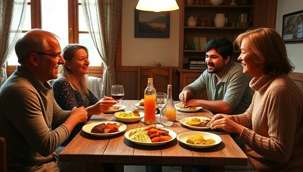 A heartwarming image of a traveler sharing a meal with a local family in a cozy home environment, exchanging stories and laughter, symbolizing the warmth and connection fostered through cultural exchange homestays.