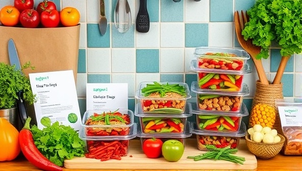 A vibrant and colorful kitchen setup showcasing the customized healthy meal prep kits, with fresh produce, herbs, and spices neatly arranged next to prepped meal containers, kitchen utensils, and a recipe card, conveying a sense of convenience and culinary creativity in healthy eating.