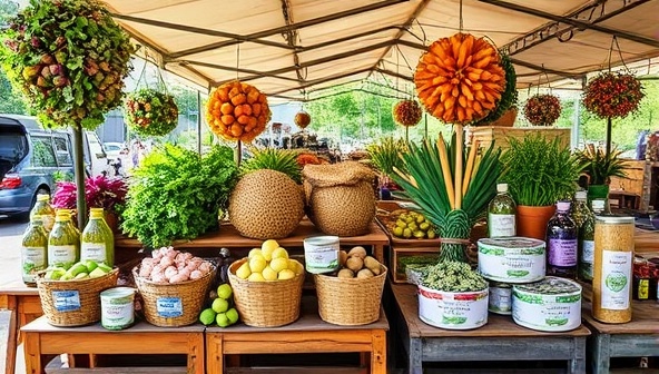 A diverse range of eco-friendly products made from upcycled agricultural waste, displayed in a vibrant outdoor market setting, highlighting the creativity and sustainability of ReHarvest Innovations' offerings.
