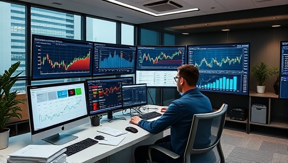 A sleek and modern office setting with a financial analyst analyzing investment data on multiple screens, surrounded by charts and graphs, projecting a professional and data-driven approach to wealth management and investment analysis.
