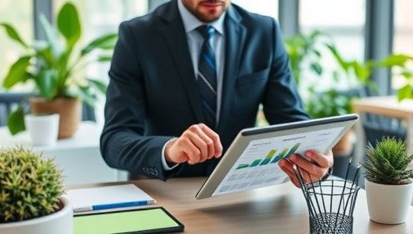 An office setting with a consultant analyzing sustainability reports on a digital tablet, surrounded by green plants and eco-friendly office supplies, illustrating a commitment to sustainable practices in accounting.