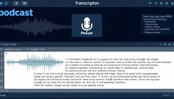 An AI-powered transcription software interface displaying a podcast waveform and transcription text, with AI algorithms processing speech patterns in the background, suggesting advanced technology and efficiency in transcription services.