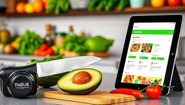 A vibrant kitchen scene with colorful fresh ingredients neatly organized on a counter, a chef's knife slicing through a ripe avocado, and a digital tablet displaying a personalized meal plan, conveying freshness and customization.