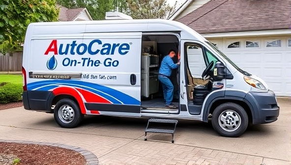 A mobile service van equipped with tools and diagnostic equipment, parked in a residential driveway with a mechanic performing an oil change on a customer's car, showcasing the convenience and efficiency of AutoCare On-The-Go's services.