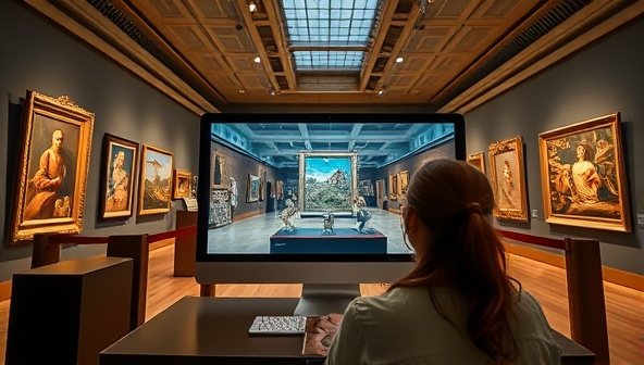 An immersive visual of a user exploring the virtual art gallery on a computer screen, surrounded by digital representations of famous artworks, interactive exhibition spaces, and a virtual chat feature to engage with fellow art enthusiasts, capturing the essence of an art-filled experience from anywhere.