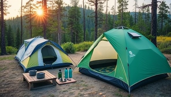 A picturesque outdoor setting featuring a campsite adorned with GreenGearGetaway's eco-friendly rental gear, including recycled tents, solar chargers, compostable cookware, and reusable water bottles, showcasing the harmony between nature and sustainable outdoor gear.