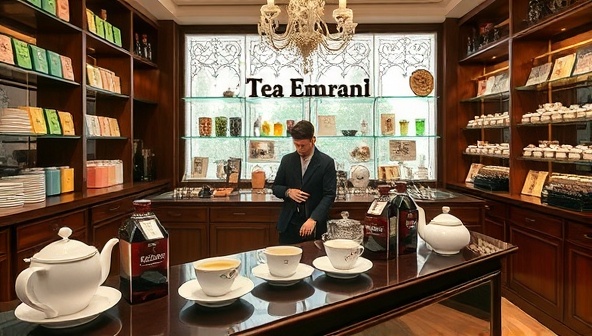 An elegant tea emporium ambiance with delicate tea sets, aromatic tea canisters, and a tasting bar showcasing a variety of tea samples, accompanied by a knowledgeable tea sommelier guiding customers through a sensory tea experience, evoking a serene and indulgent tea sanctuary.