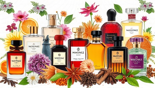 An artistic and aesthetic digital collage featuring a variety of perfume bottles, floral arrangements, exotic spices, and colorful scent profiles, creating a visual feast for the senses and evoking the world of luxury fragrances.