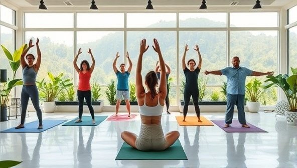 A virtual fitness retreat environment featuring a diverse group of professionals engaging in energetic workout sessions, calming yoga practices, and rejuvenating mindfulness activities, set against a serene backdrop of nature and wellness amenities, fostering a sense of balance and rejuvenation in a digital oasis.
